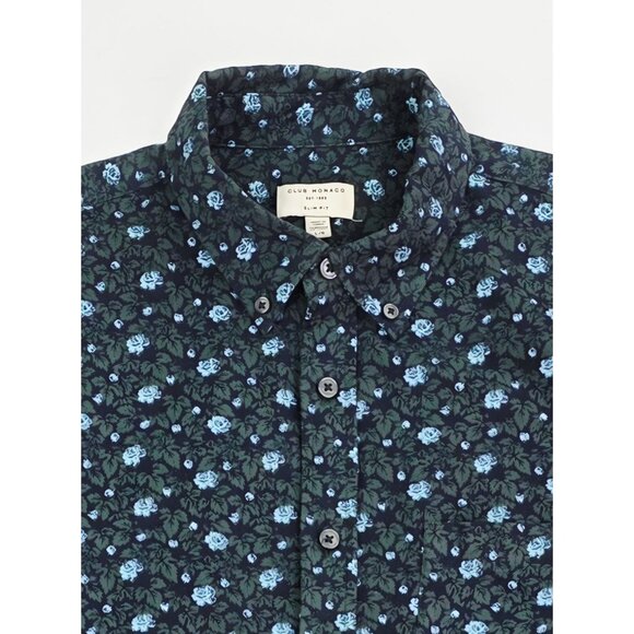 Club Monaco Slim Fit Large Black Blue Green Floral Mens Button Down Long Sleeve - Picture 1 of 9
